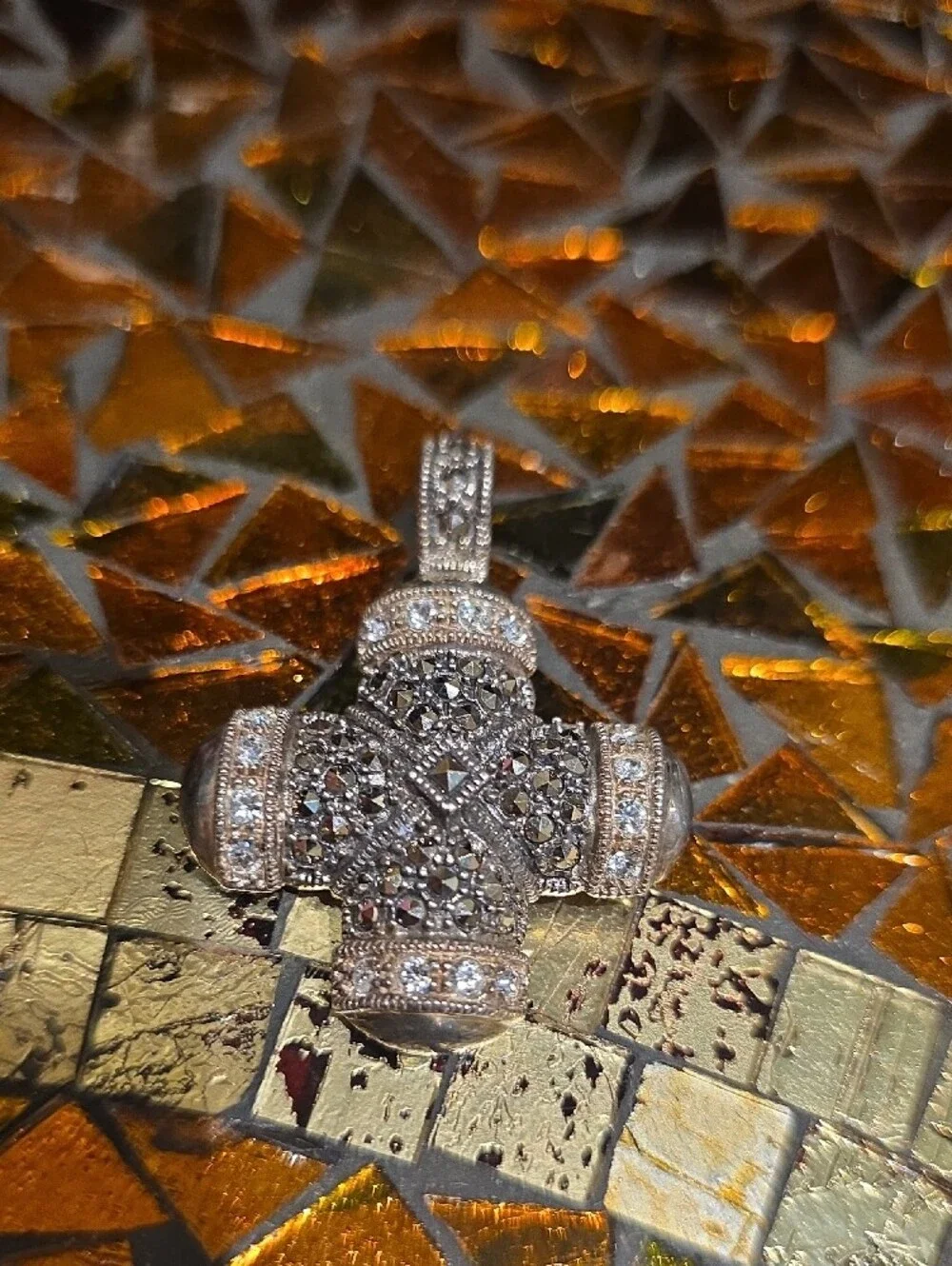Sterling Cross Pendant with Black Marcasite Accents